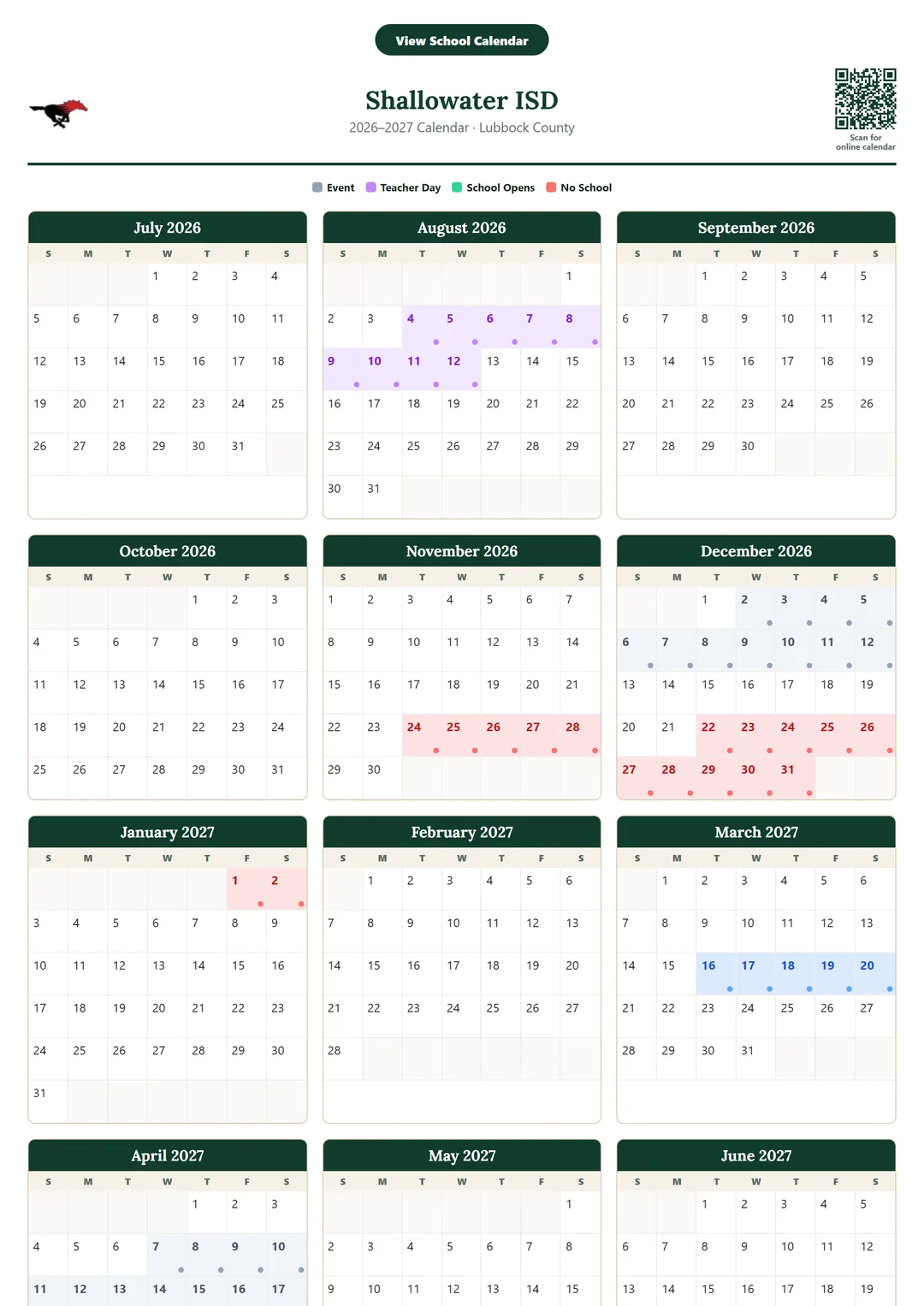 Shallowater ISD printable 2026–2027 calendar