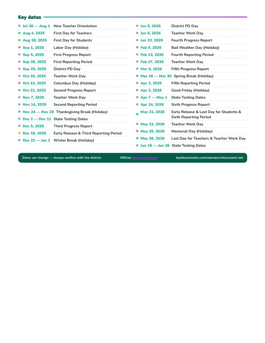 Sharyland ISD Calendar for the Year 26-27 — key dates