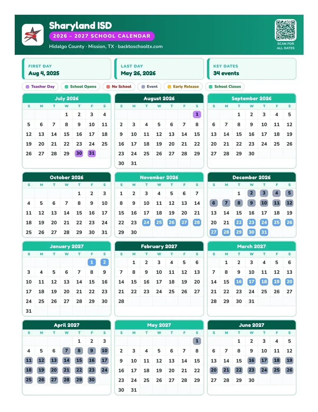 Sharyland ISD Calendar for the Year 26-27