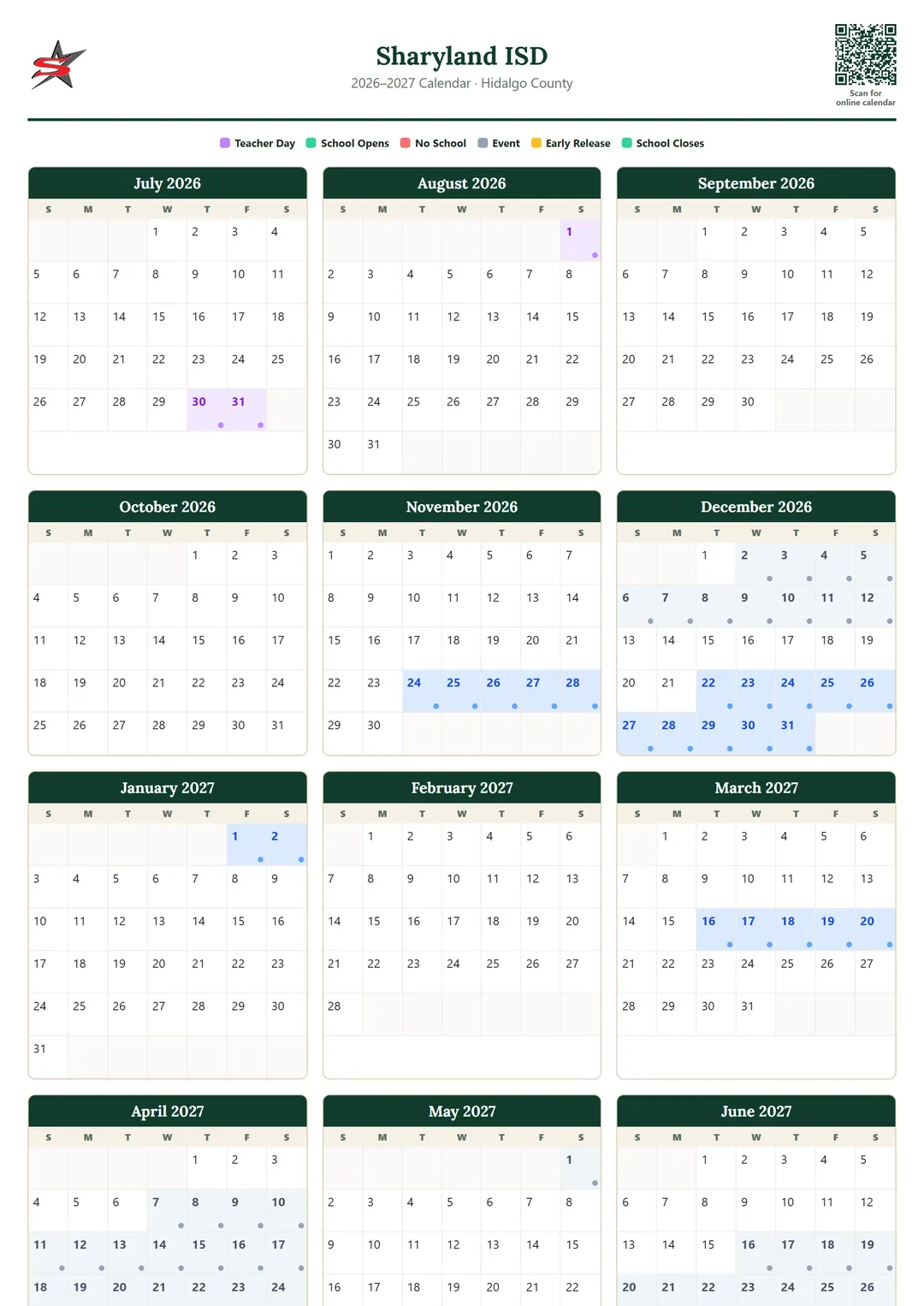 Sharyland ISD printable 2026–2027 calendar