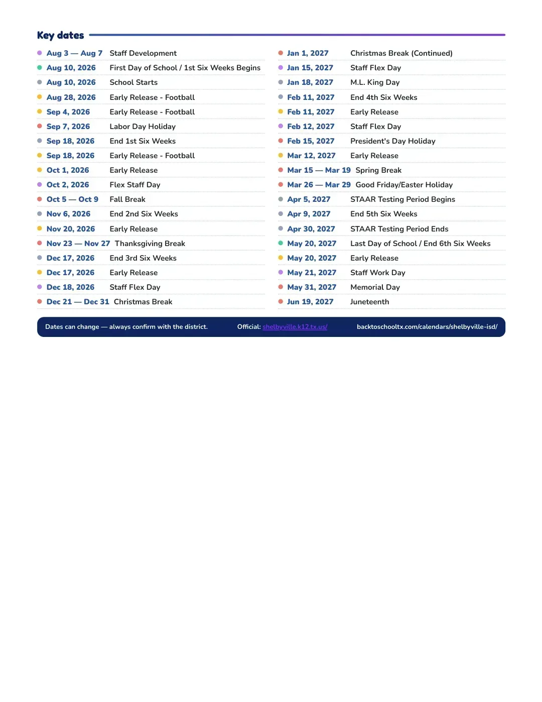 Shelbyville ISD Calendar for the Year 26-27 — key dates