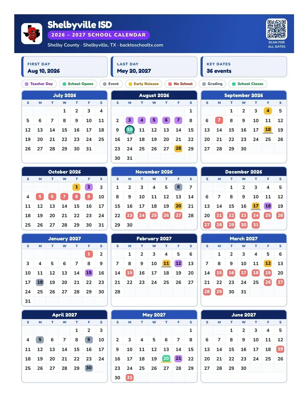 Shelbyville ISD Calendar for the Year 26-27