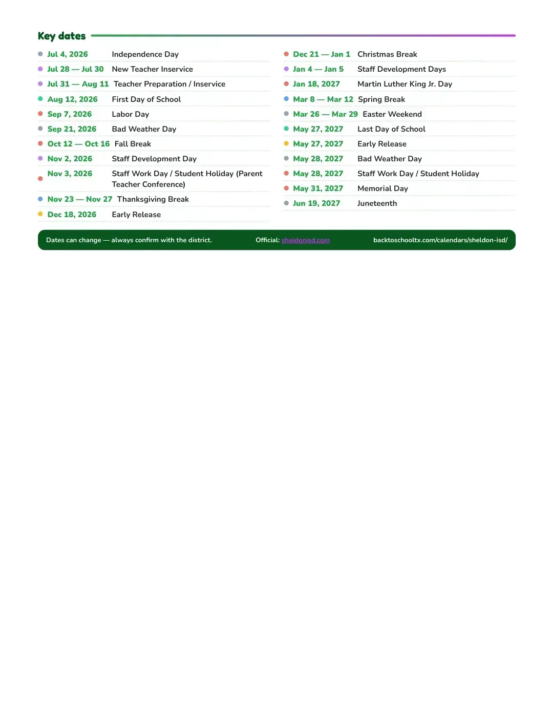 Sheldon ISD Calendar for the Year 26-27 — key dates