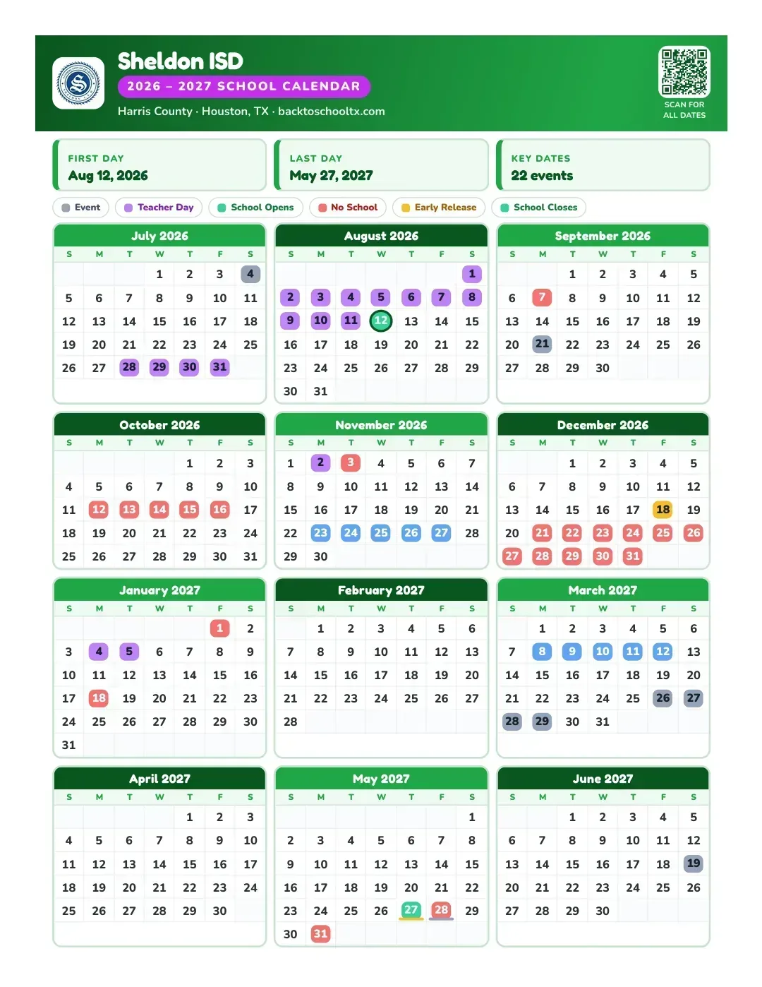 Sheldon ISD Calendar for the Year 26-27