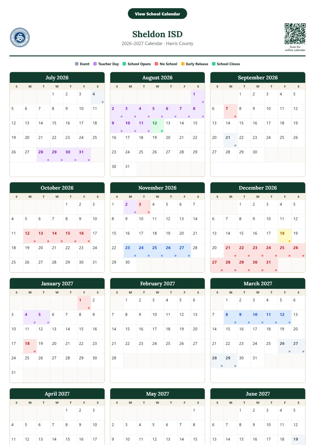 Sheldon ISD printable 2026–2027 calendar