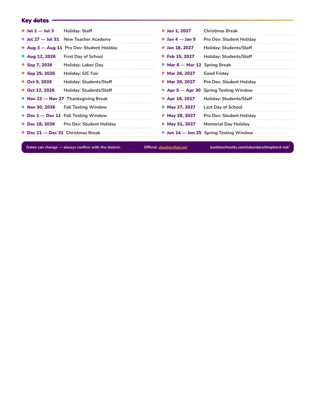 Shepherd ISD Calendar for the Year 26-27 — key dates