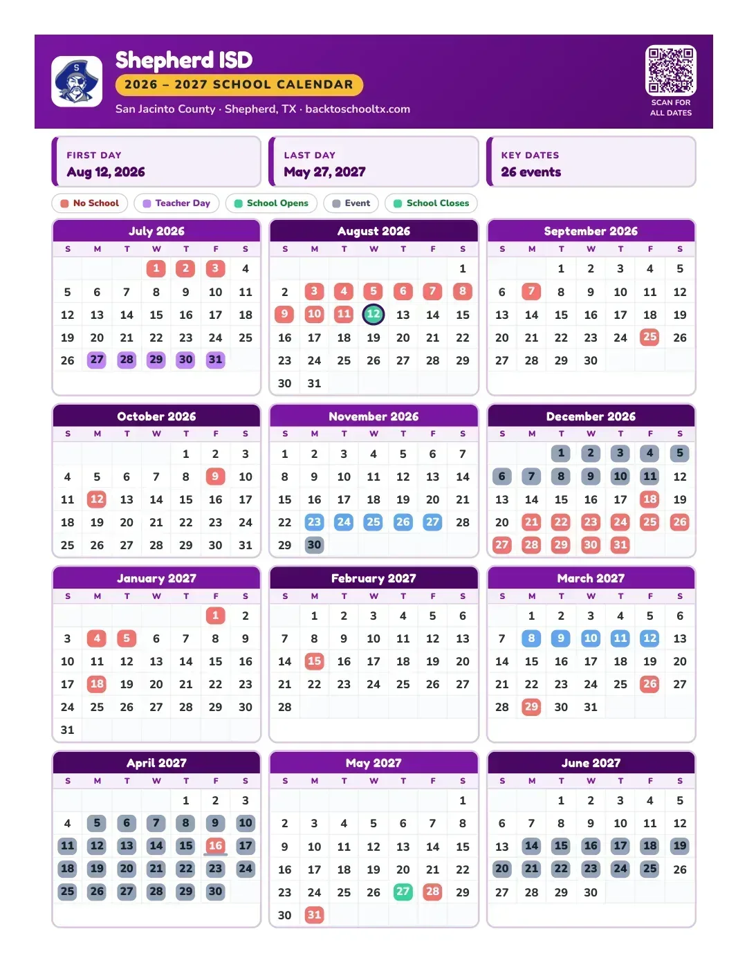 Shepherd ISD Calendar for the Year 26-27