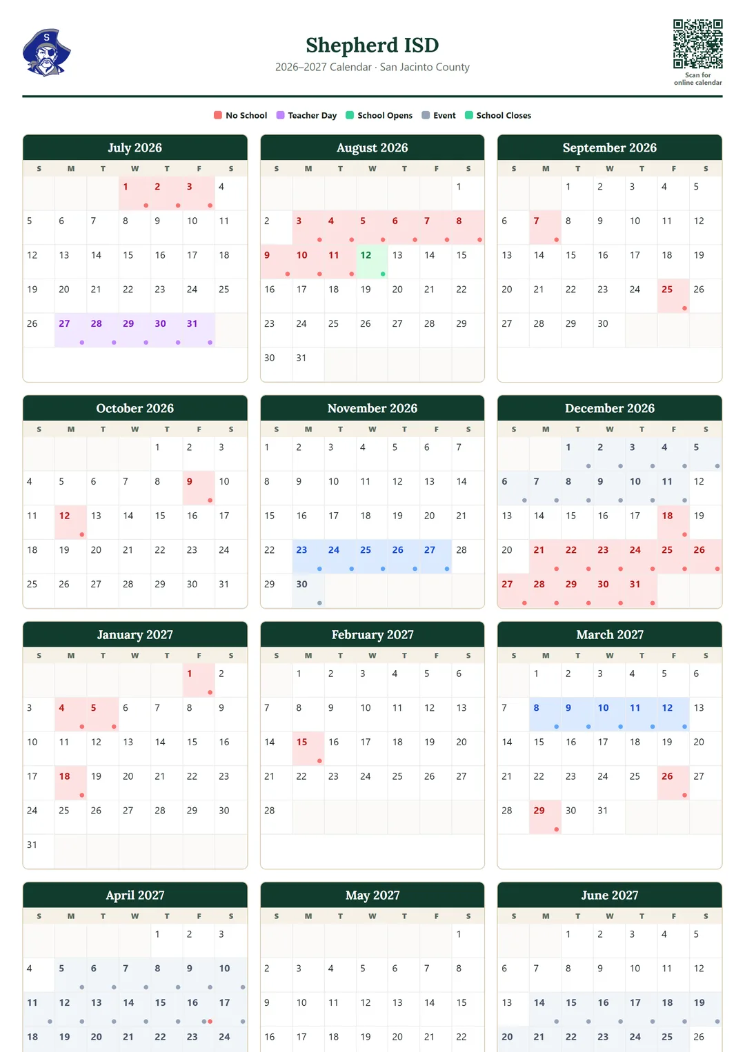 Shepherd ISD printable 2026–2027 calendar