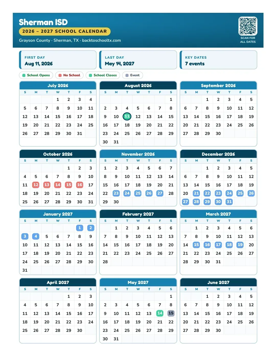 Sherman ISD Calendar for the Year 26-27