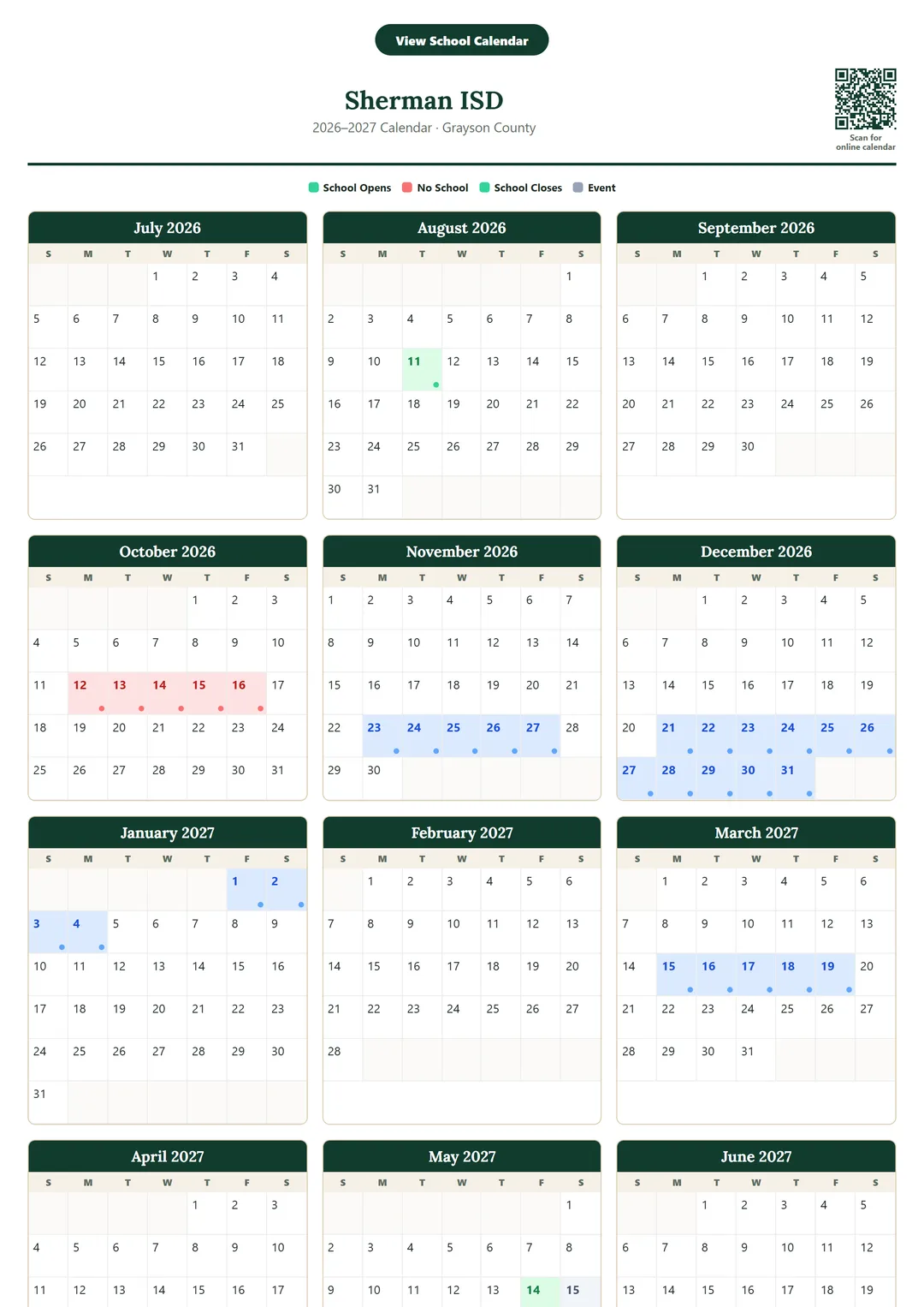Sherman ISD printable 2026–2027 calendar