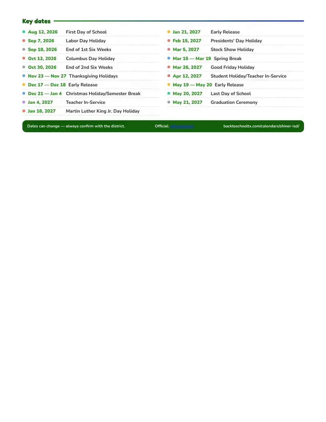 Shiner ISD Calendar for the Year 26-27 — key dates