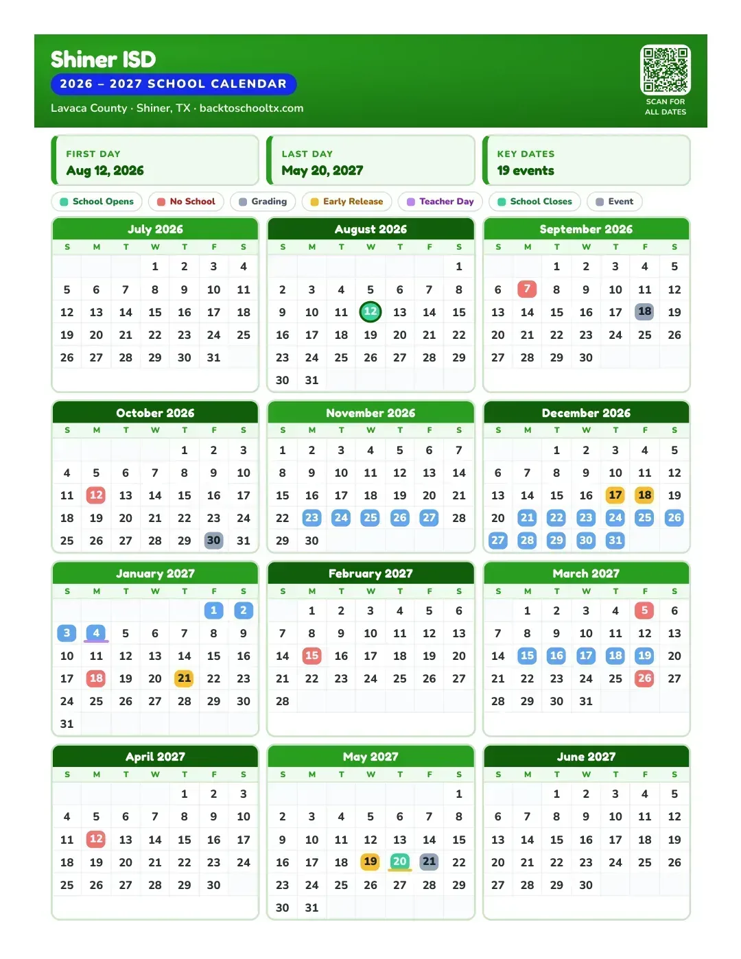 Shiner ISD Calendar for the Year 26-27