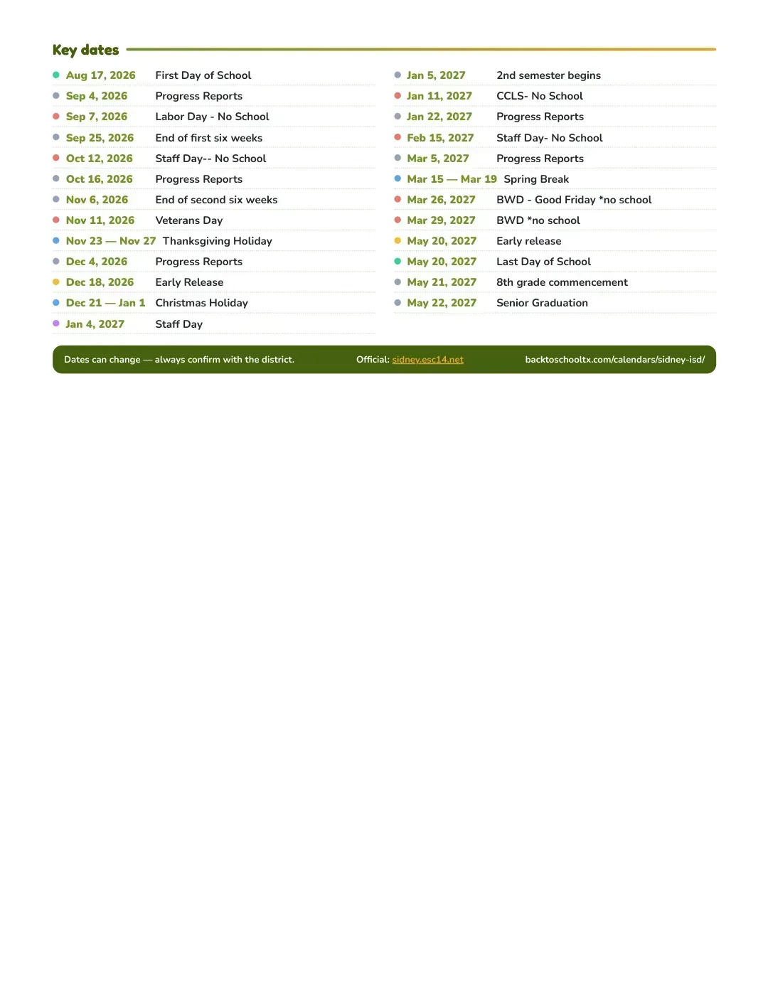 Sidney ISD Calendar for the Year 26-27 — key dates