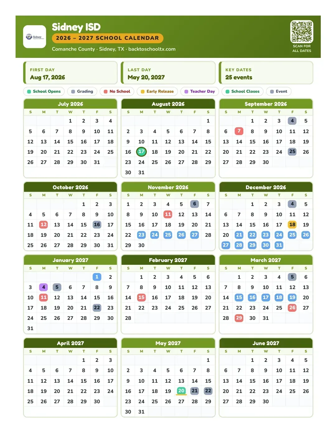 Sidney ISD Calendar for the Year 26-27