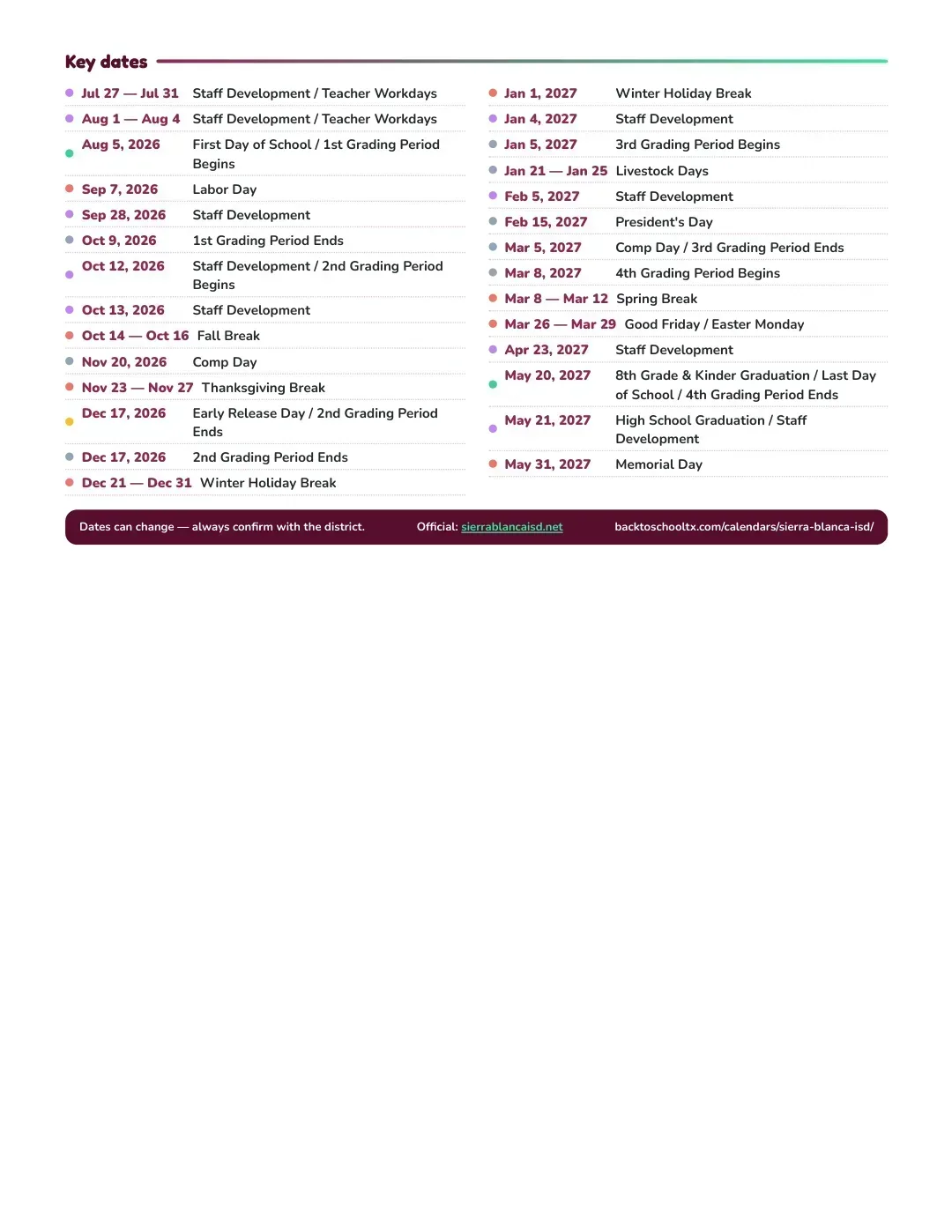 Sierra Blanca ISD Calendar for the Year 26-27 — key dates