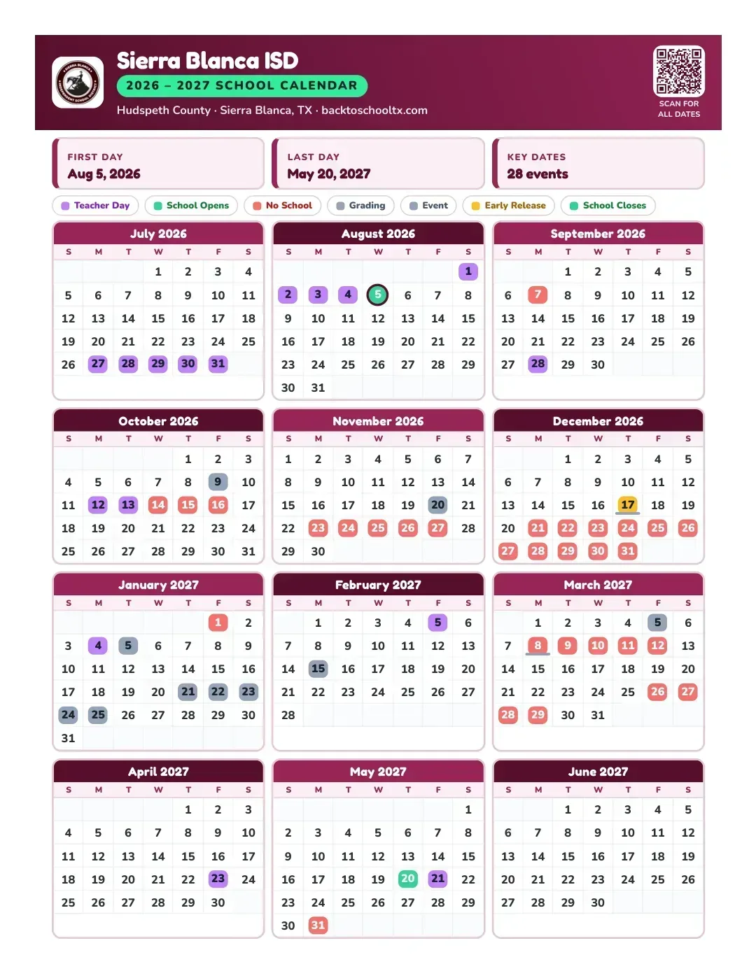 Sierra Blanca ISD Calendar for the Year 26-27