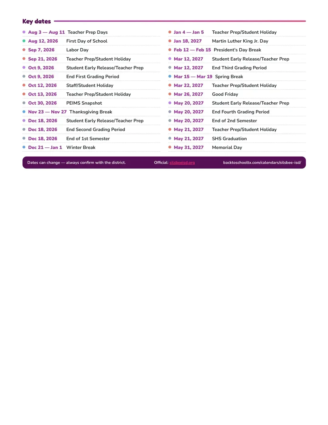 Silsbee ISD Calendar for the Year 26-27 — key dates