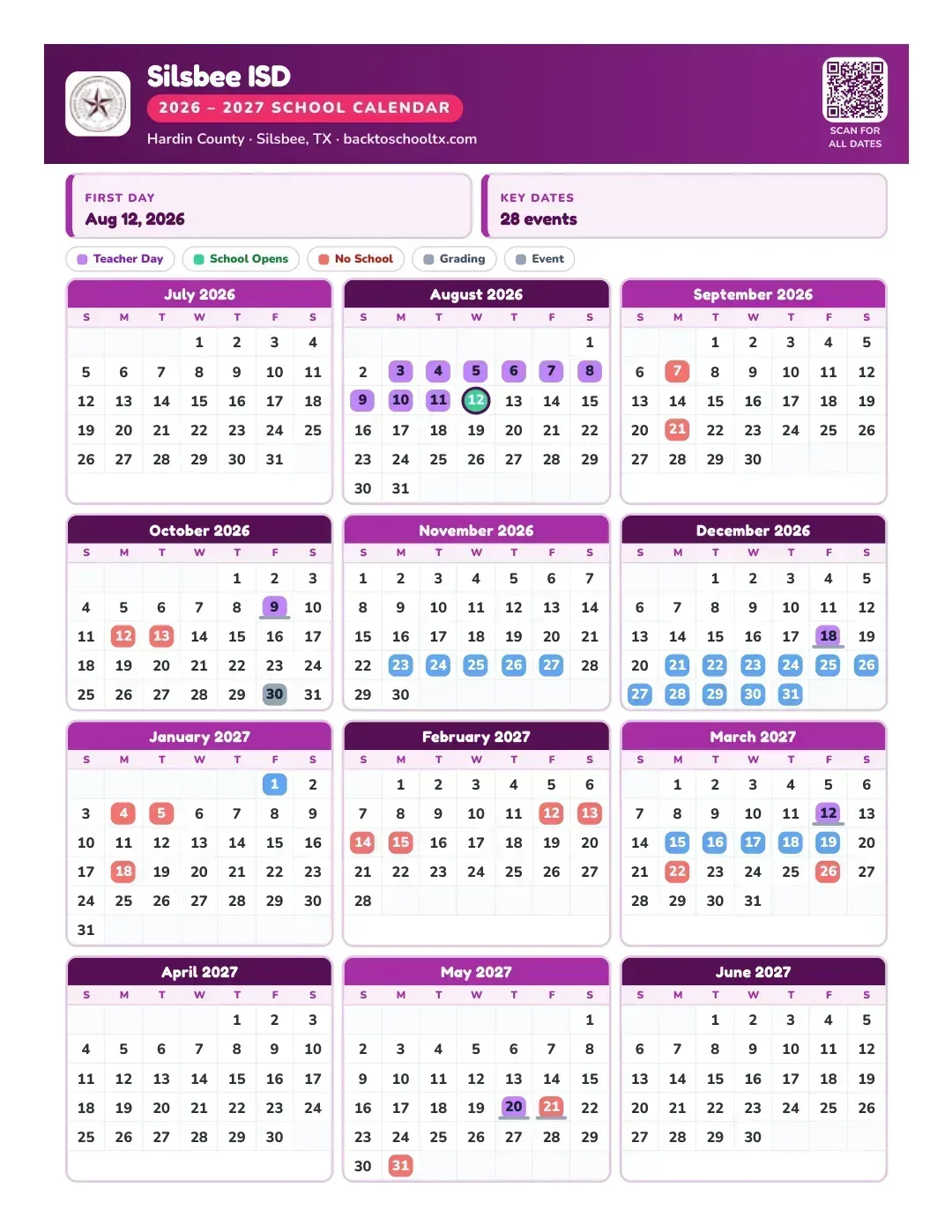 Silsbee ISD Calendar for the Year 26-27