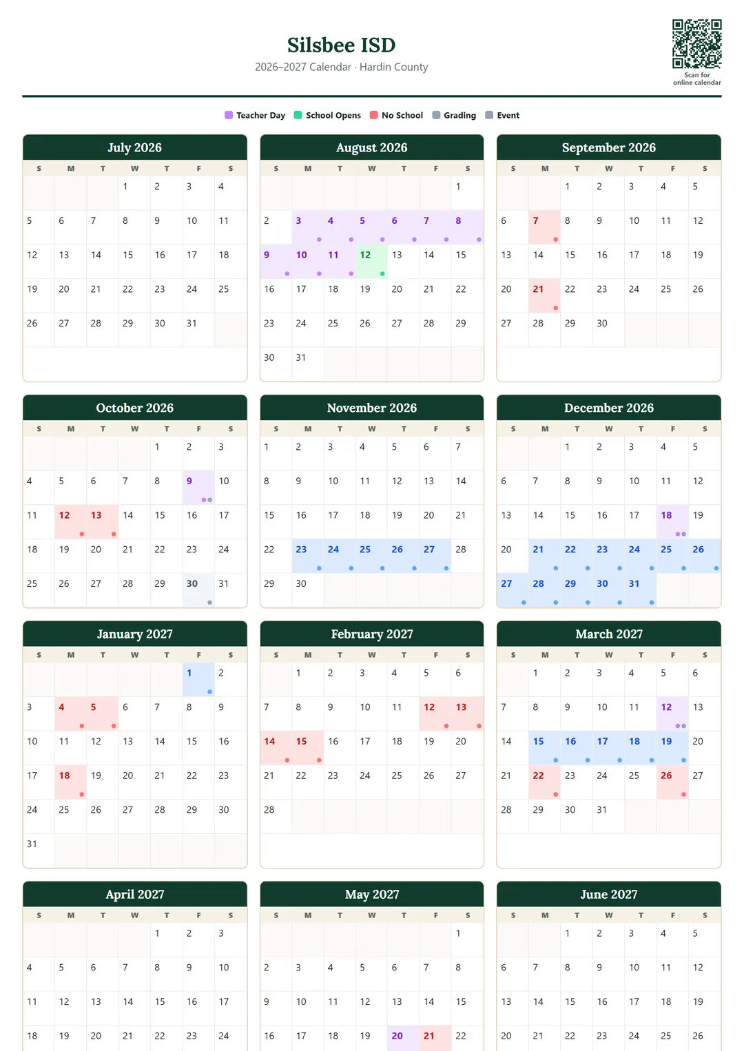 Silsbee ISD printable 2026–2027 calendar