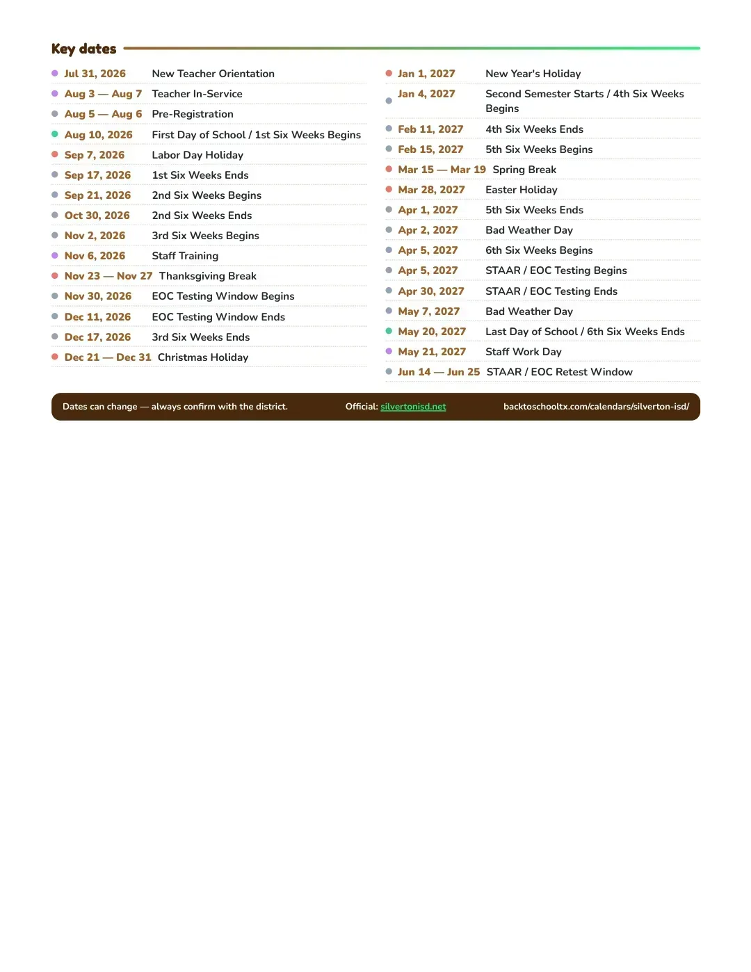 Silverton ISD Calendar for the Year 26-27 — key dates