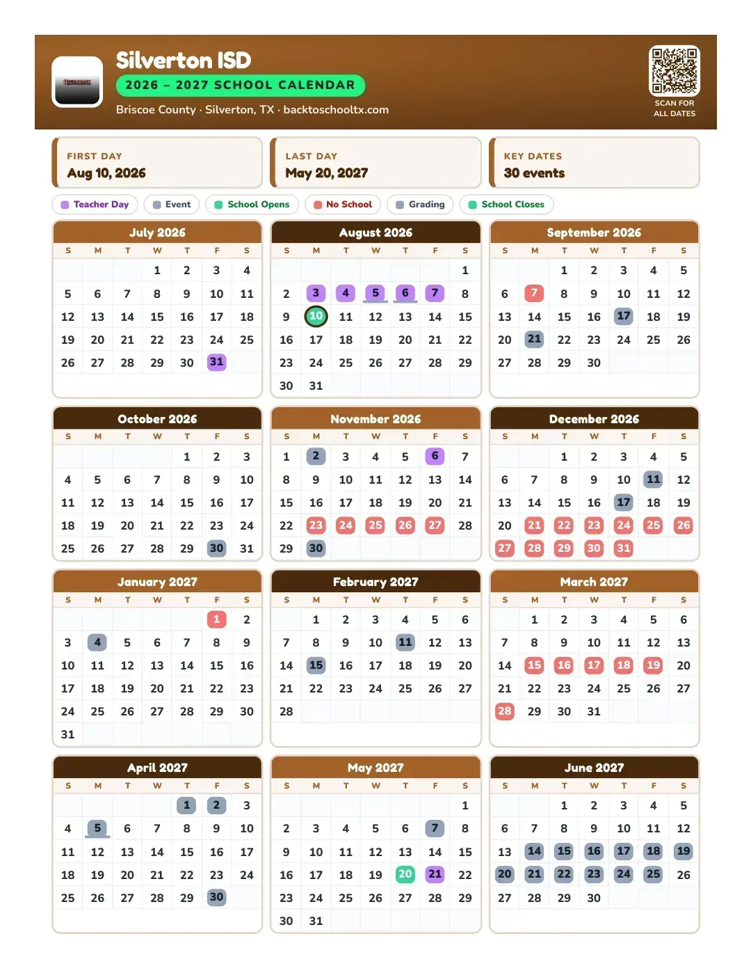 Silverton ISD Calendar for the Year 26-27