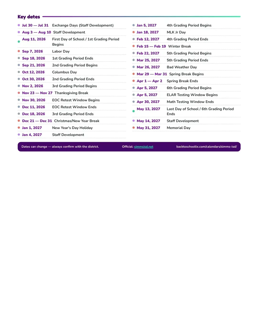 Simms ISD Calendar for the Year 26-27 — key dates