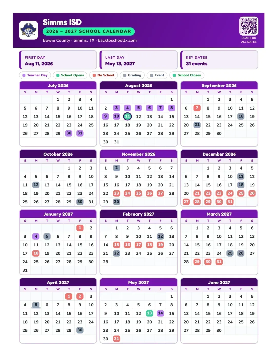 Simms ISD Calendar for the Year 26-27