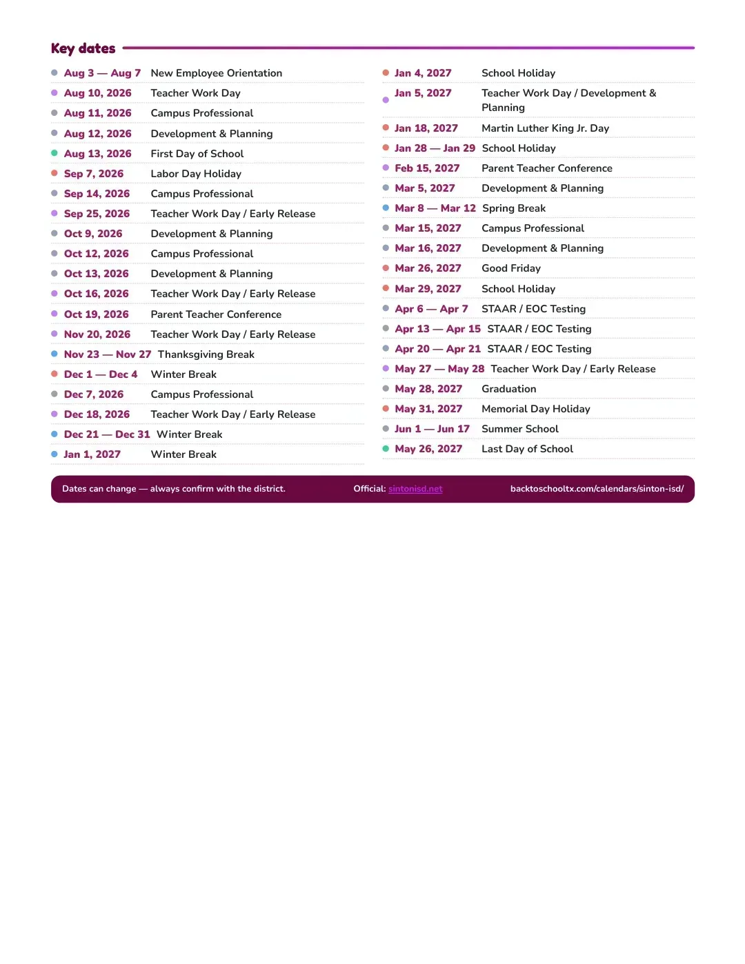 Sinton ISD Calendar for the Year 26-27 — key dates