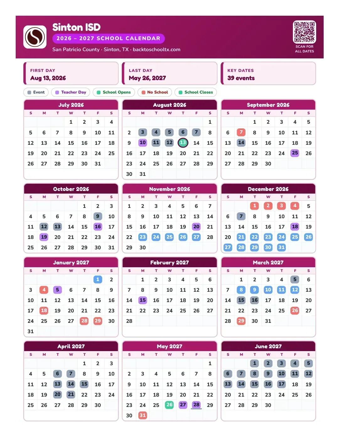 Sinton ISD Calendar for the Year 26-27