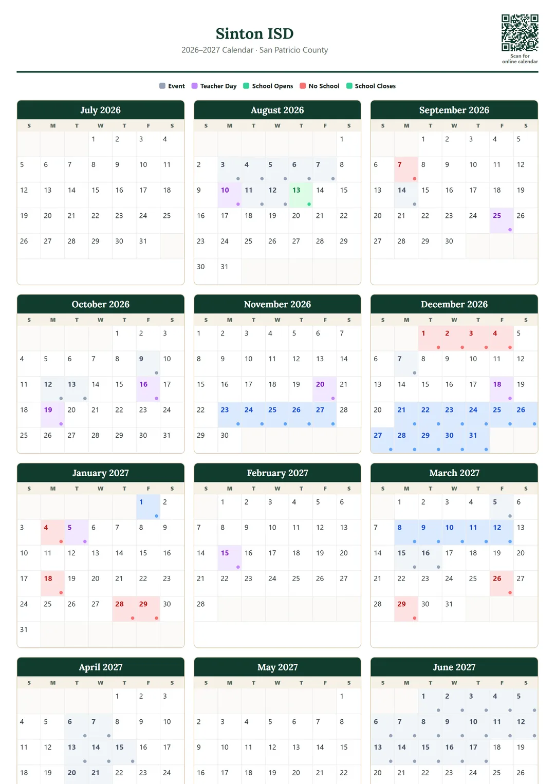 Sinton ISD printable 2026–2027 calendar
