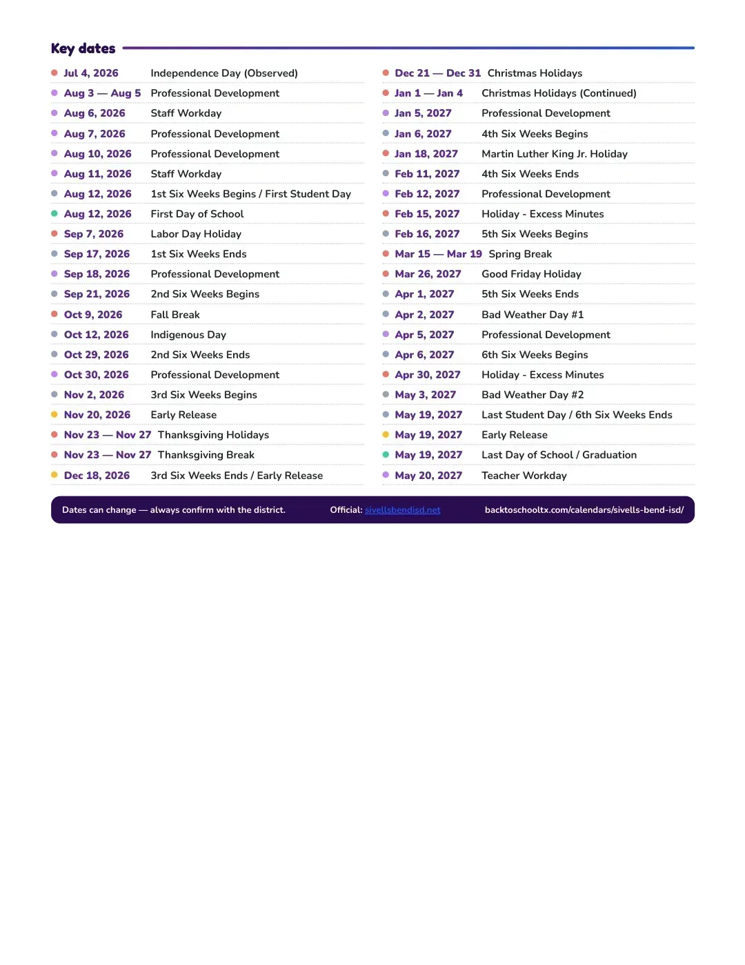 Sivells Bend ISD Calendar for the Year 26-27 — key dates