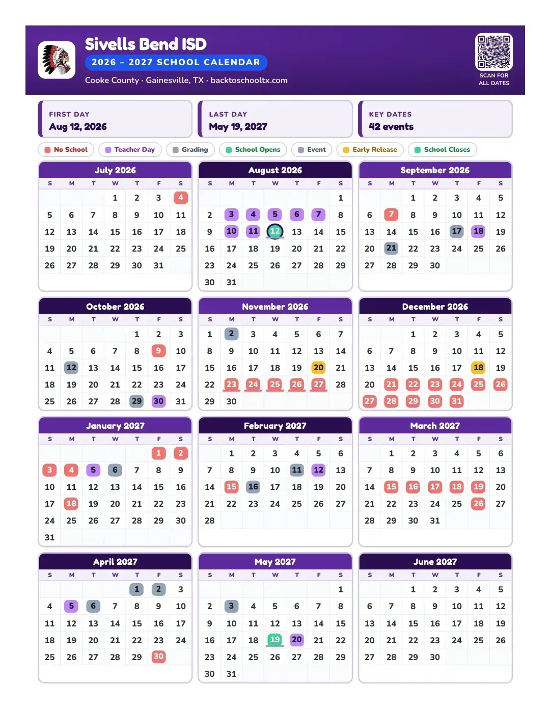 Sivells Bend ISD Calendar for the Year 26-27