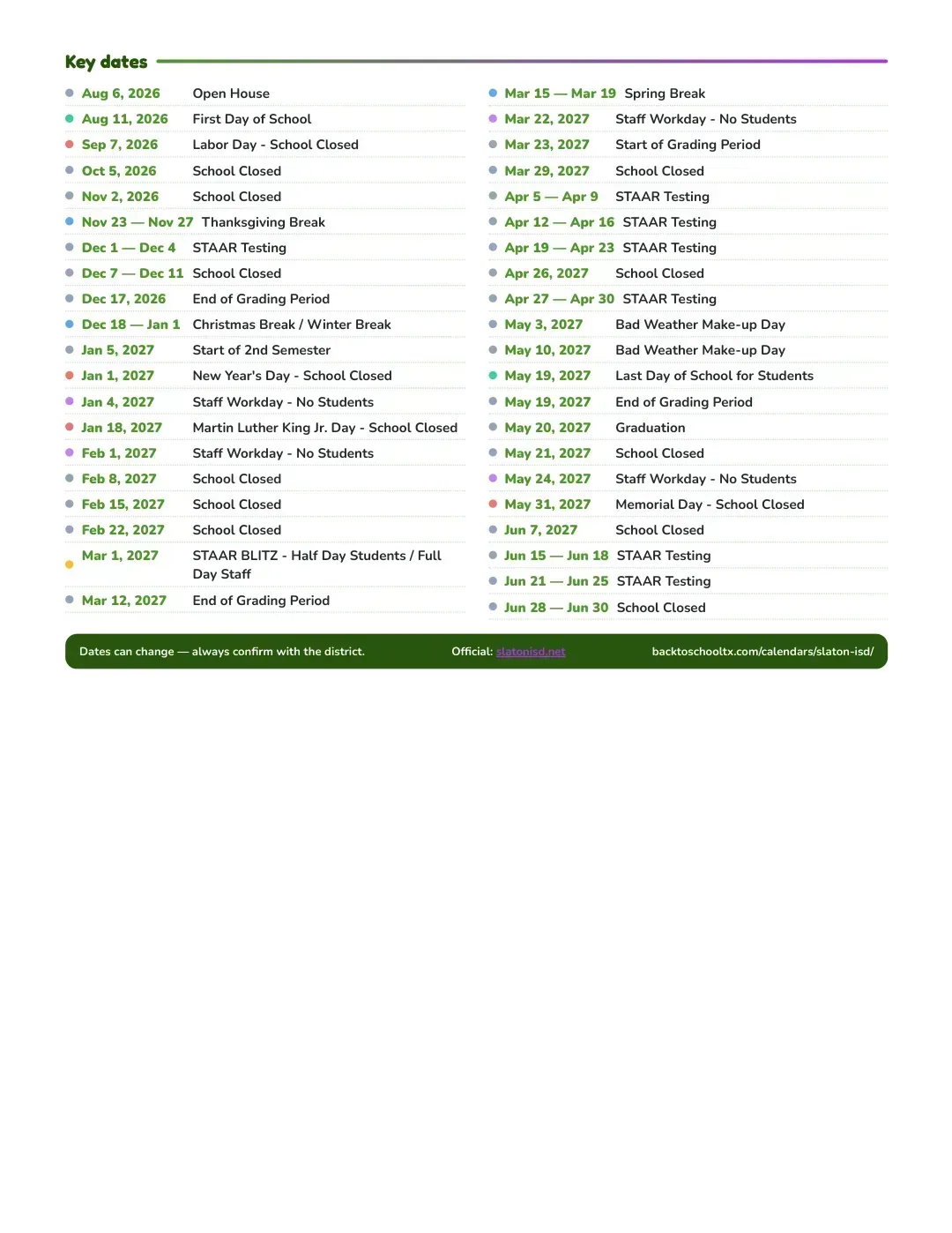 Slaton ISD Calendar for the Year 26-27 — key dates