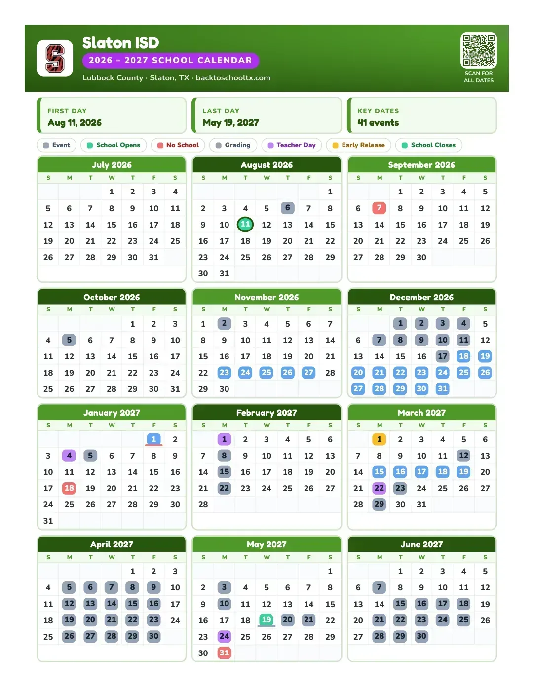 Slaton ISD Calendar for the Year 26-27