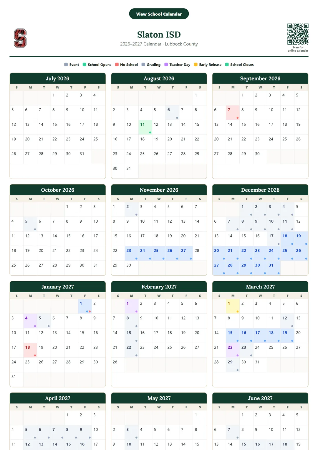 Slaton ISD printable 2026–2027 calendar