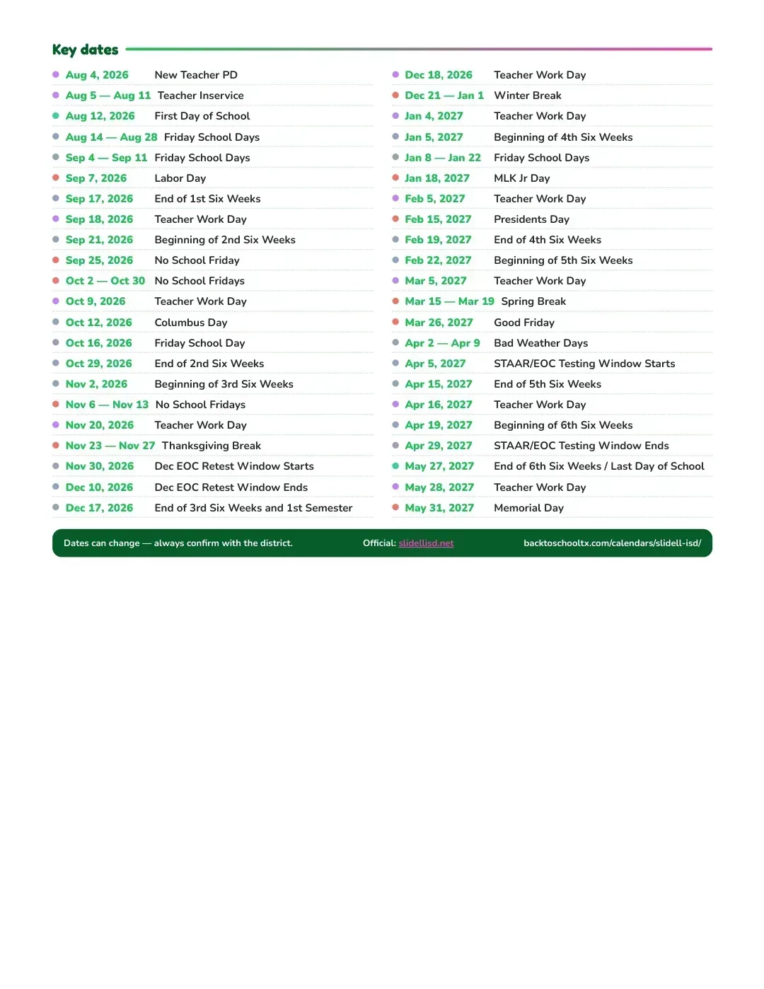 Slidell ISD Calendar for the Year 26-27 — key dates