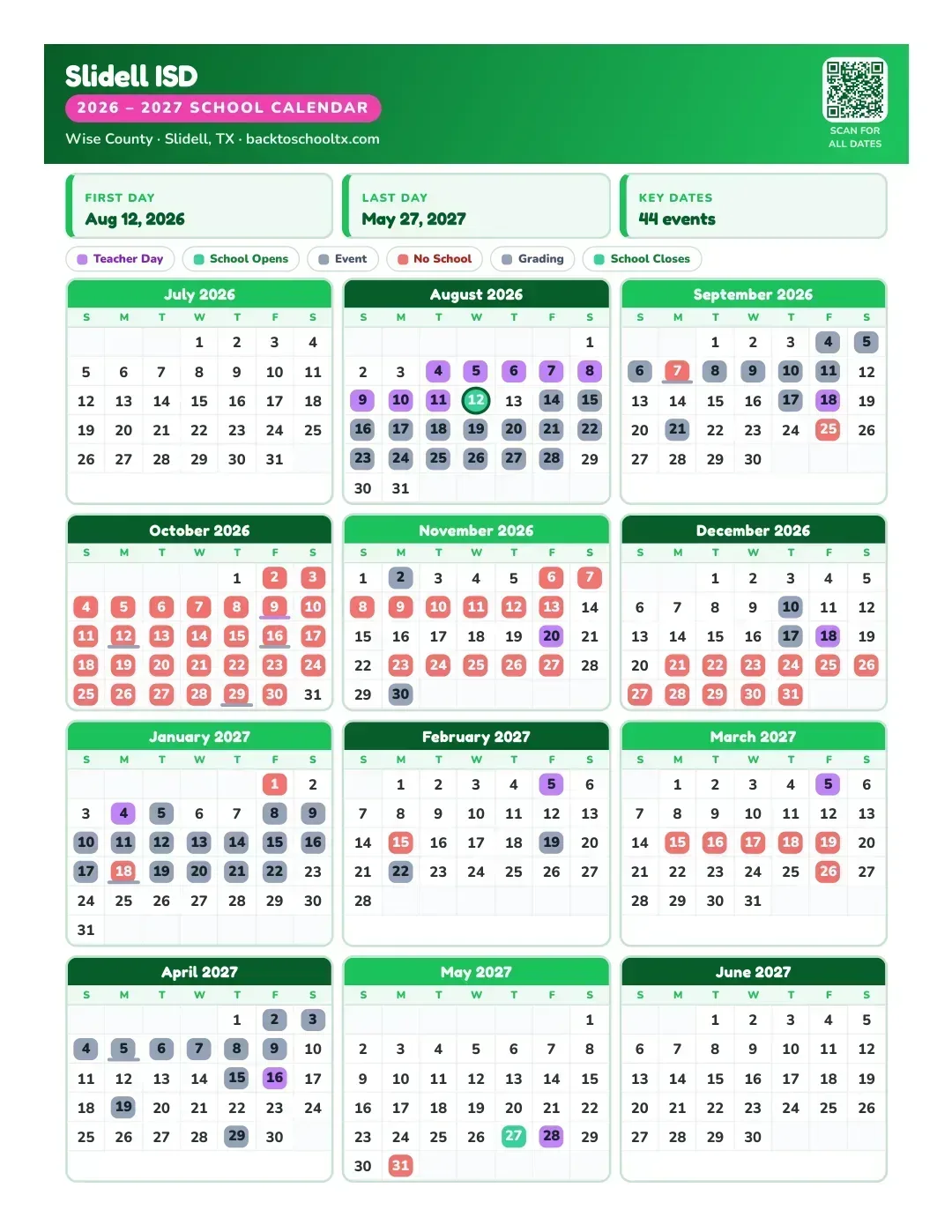 Slidell ISD Calendar for the Year 26-27