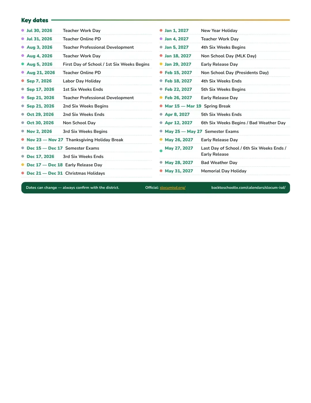Slocum ISD Calendar for the Year 26-27 — key dates