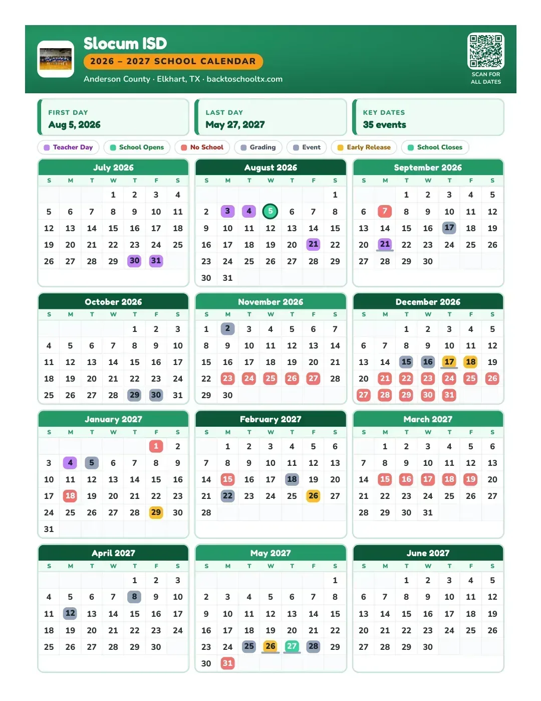 Slocum ISD Calendar for the Year 26-27