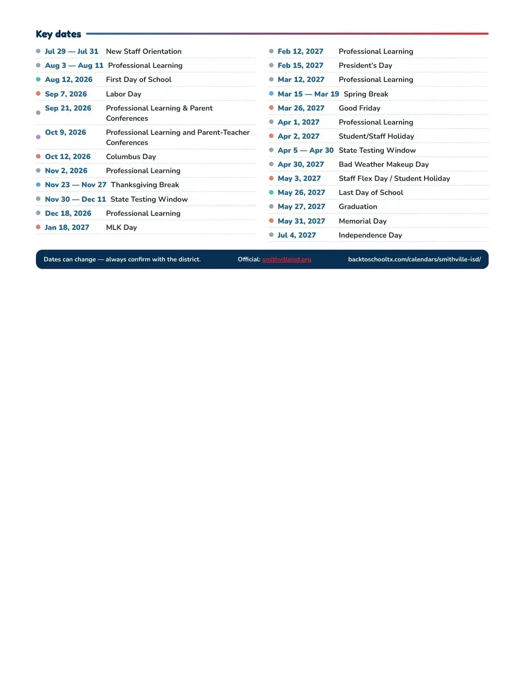 Smithville ISD Calendar for the Year 26-27 — key dates