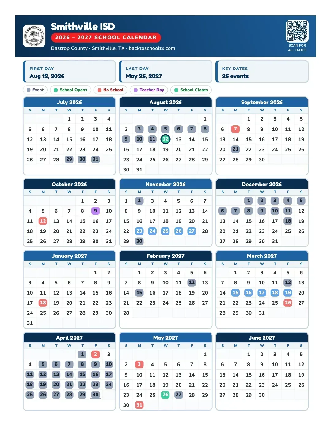Smithville ISD Calendar for the Year 26-27