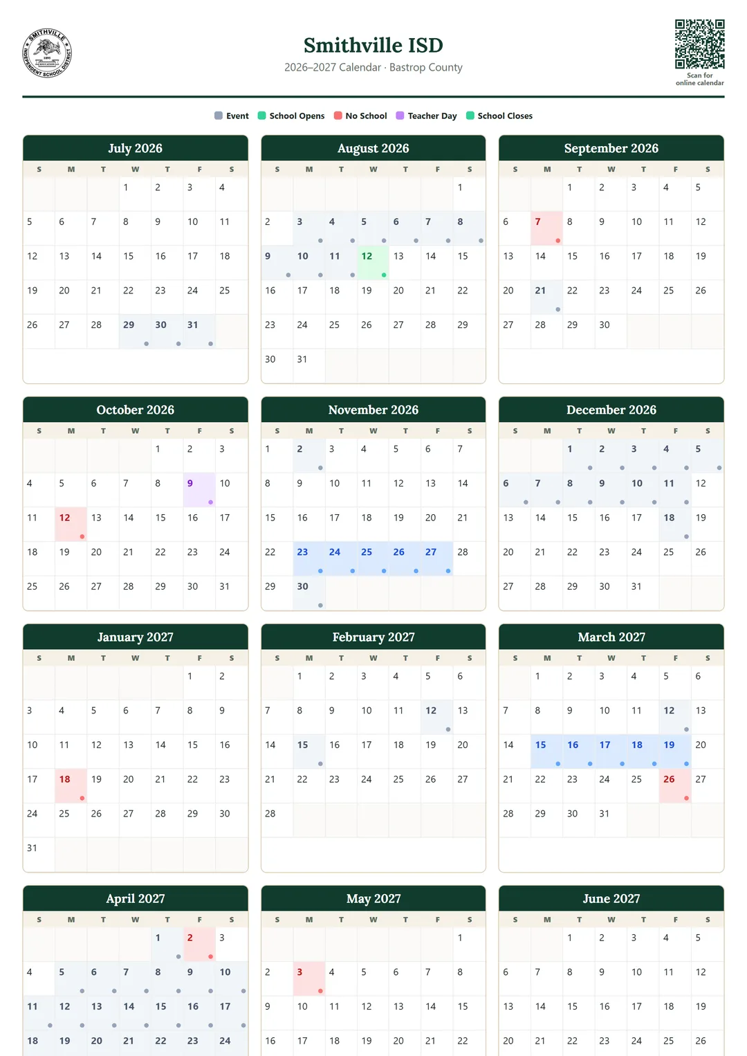 Smithville ISD printable 2026–2027 calendar