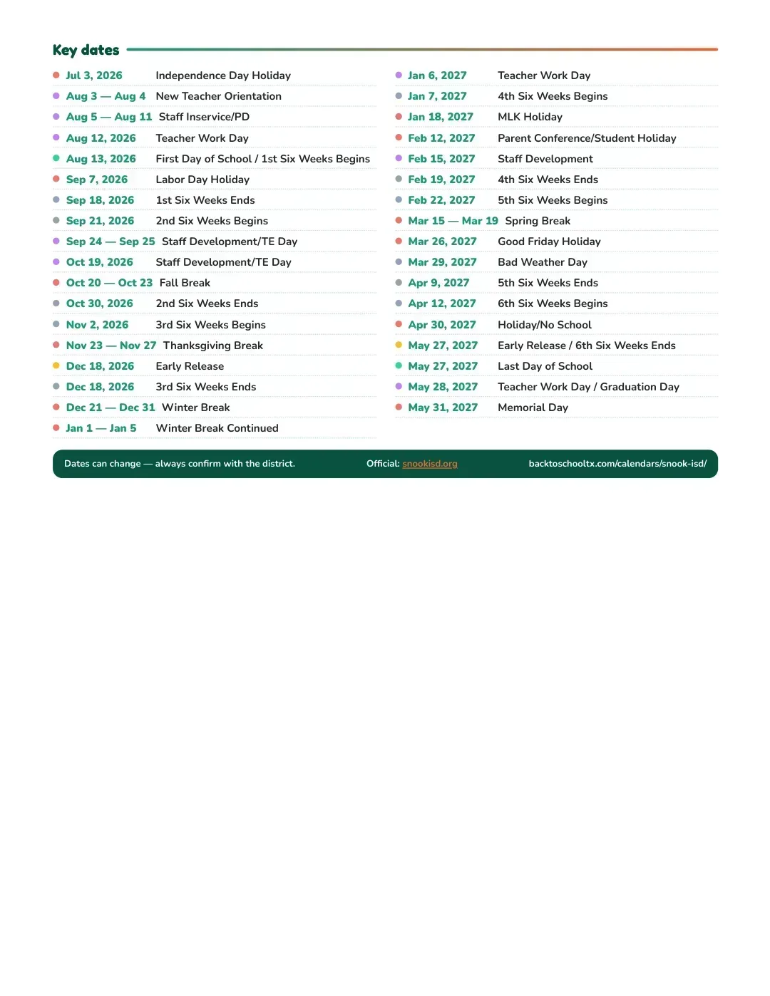 Snook ISD Calendar for the Year 26-27 — key dates