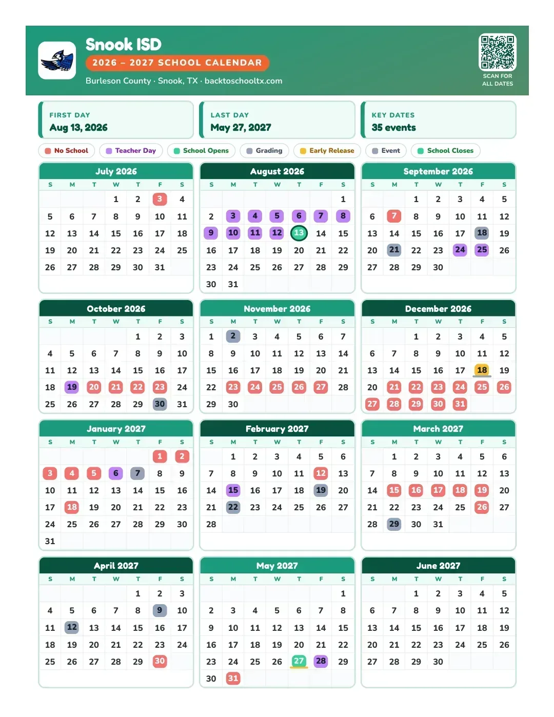 Snook ISD Calendar for the Year 26-27
