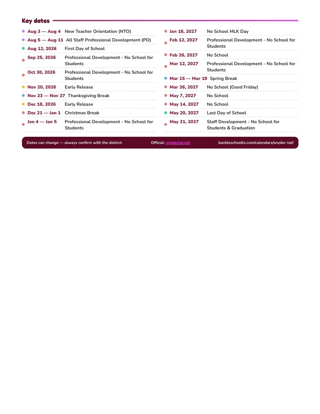 Snyder ISD Calendar for the Year 26-27 — key dates