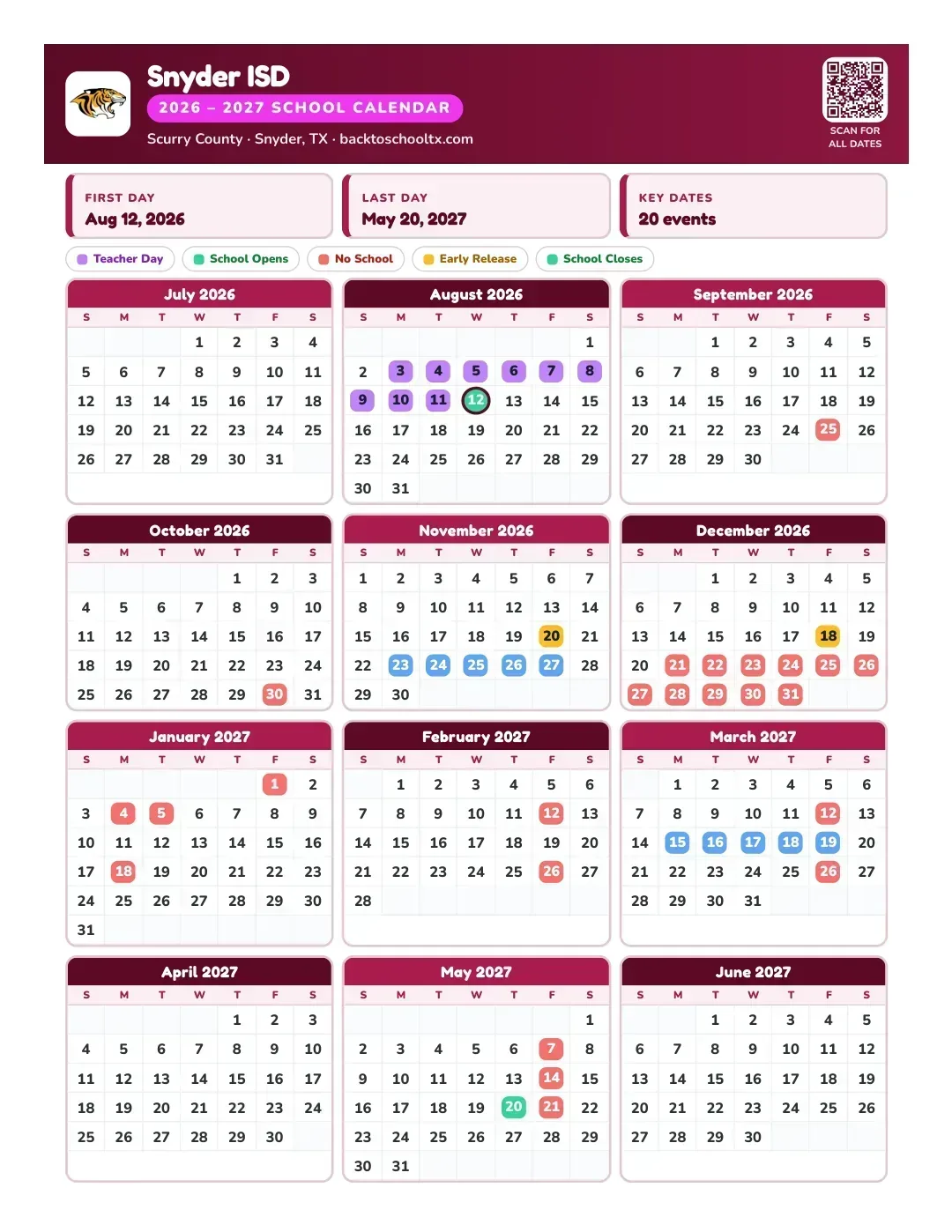 Snyder ISD Calendar for the Year 26-27