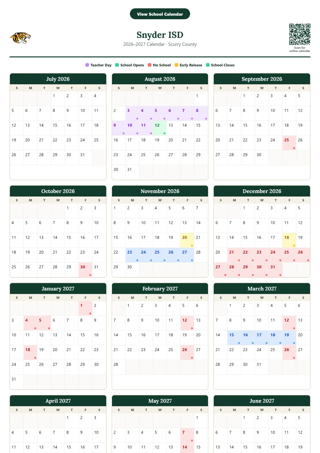 Snyder ISD printable 2026–2027 calendar