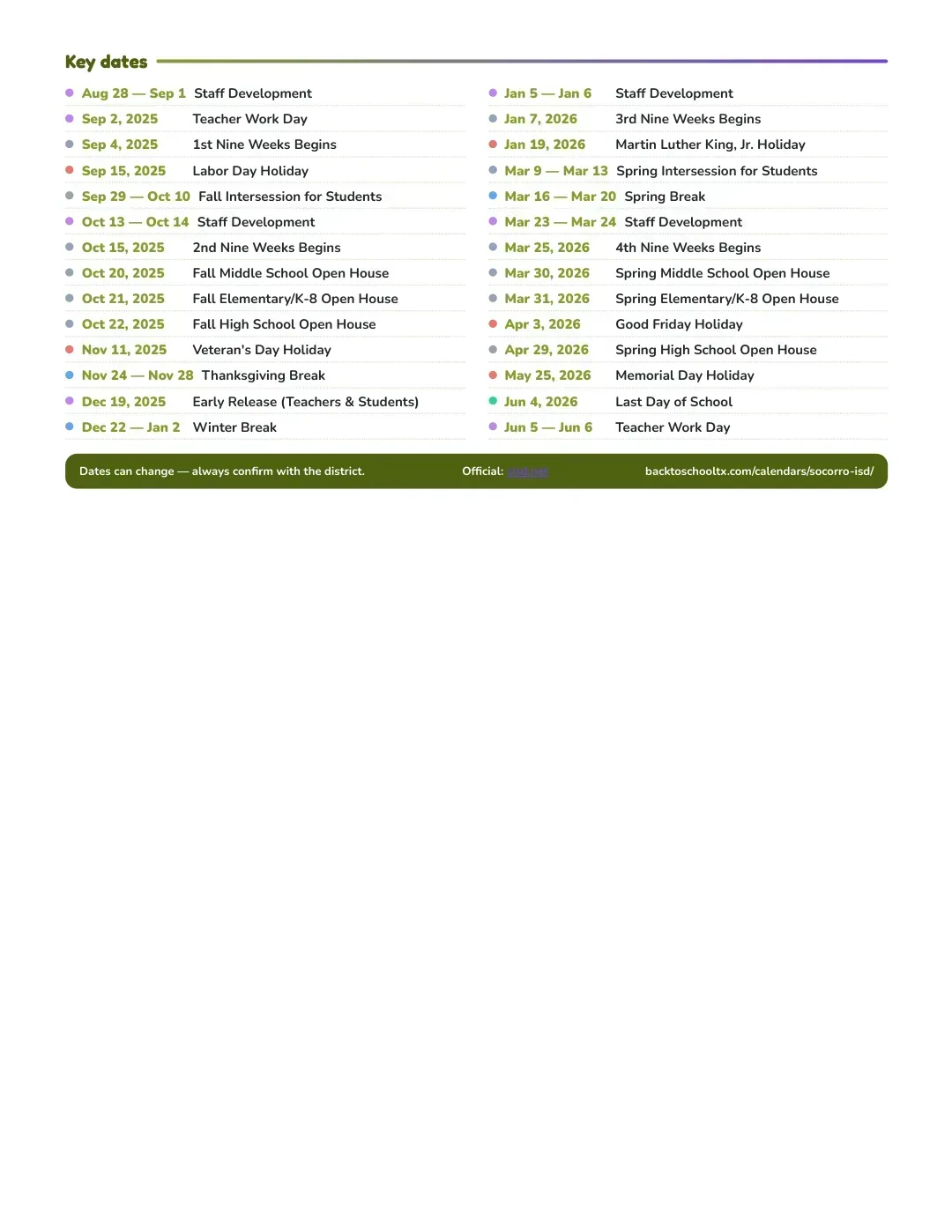 Socorro ISD Calendar for the Year 26-27 — key dates