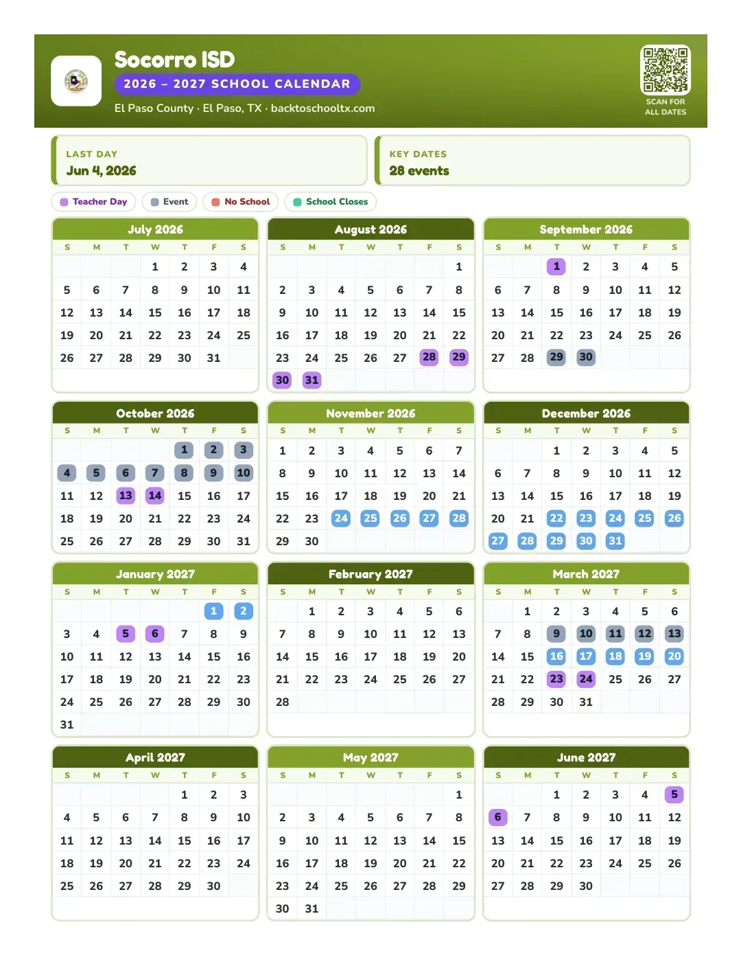 Socorro ISD Calendar for the Year 26-27