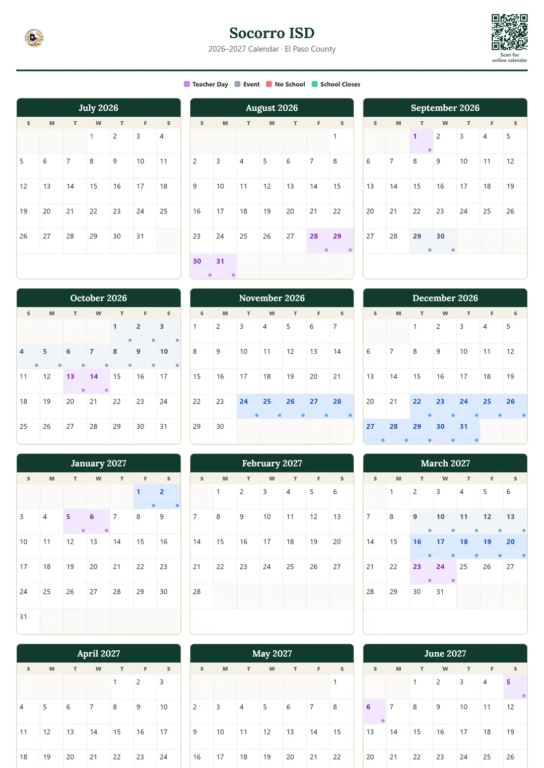 Socorro ISD printable 2026–2027 calendar